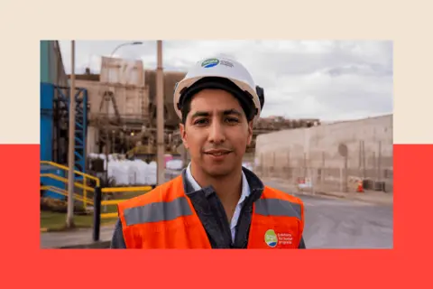 The rise of green tech is feeding another environmental crisis Ben Derico/BBC Close up shot of Valentín Barrera wearing a hard hat