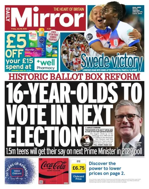 BBC The Daily Mirror headline reads: "16-year-old to vote in next election"