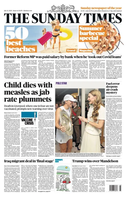 The headline on the front page of the Sunday Times reads: "Child dies with measles as jab rate plummets".