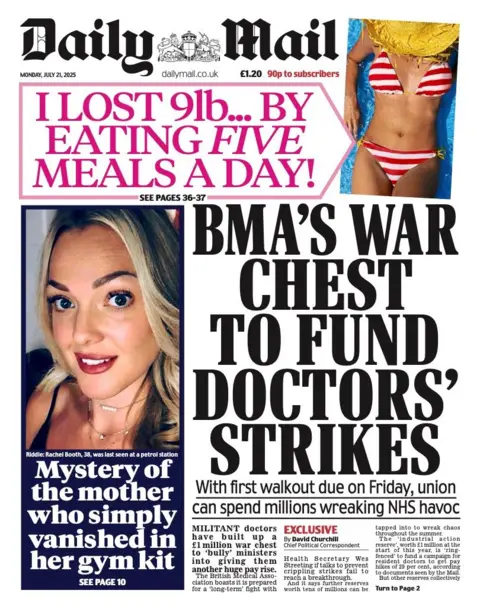 The headline on the front page of the Daily Mail reads: “BMA's war chest to fund doctors' strikes”