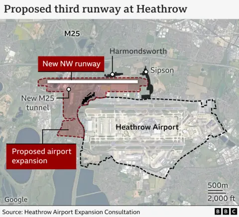 Hotel tycoon reveals Heathrow runway expansion proposal Map of area around Heathrow showing current airport footprint and planned expansion including site of the proposed runway to the north west of the site.