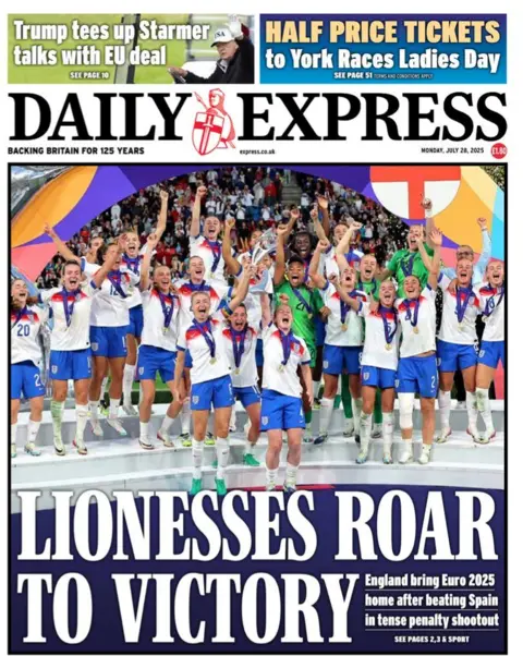 The headline on the front page of the Daily Express reads: "Lionesses roar to victory".