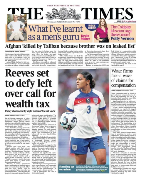 The headline on the front page of the Times reads: “Reeves set to defy left over call for wealth tax”