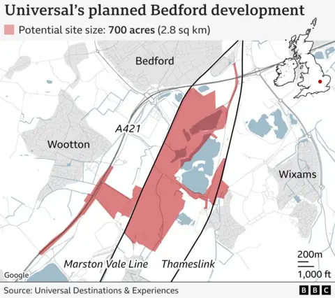 Universal UK could feature Europe's tallest rides A map shows the size of the planned development in red with the towns of Wootton to the West, Bedford to the north and Wixams to the east.