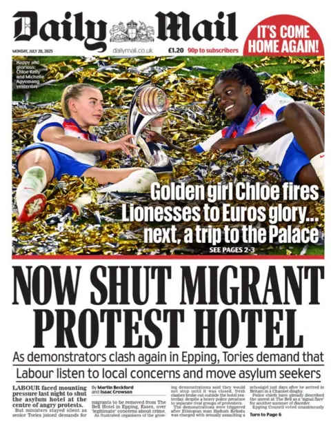 The headline on the front page of the Daily Mail reads: "Now shut migrant protest hotel".
