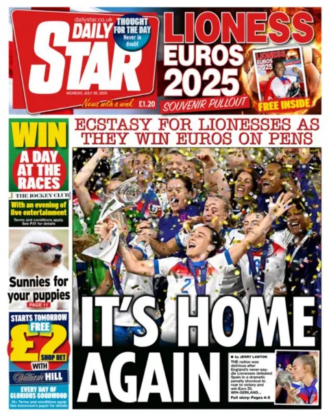 The headline on the front page of the Daily Star reads: "It's home again".