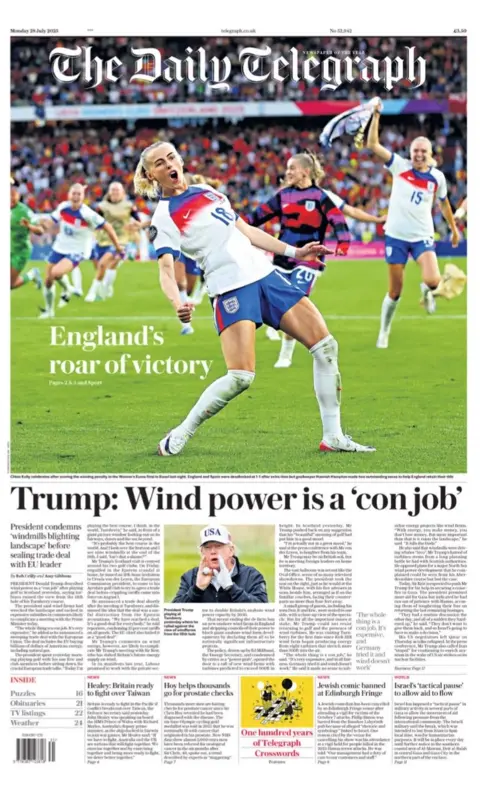 The headline on the front page of the Daily Telegraph reads: "Trump: Wind power is a 'con job'".
