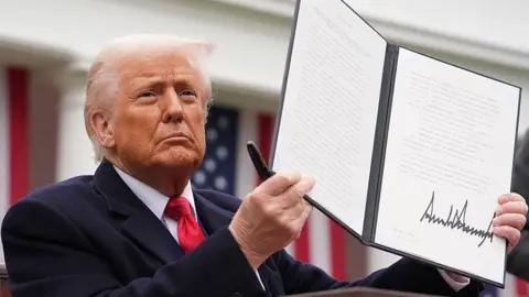 Trump's tough tariff tactics is getting results Getty Images U.S. President Donald Trump displays a signed executive order imposing tariffs on imported goods during a trade announcement event in the Rose Garden at the White House in April. The President is waring a dark blue coat and a red tie. He is holding up the booklet containing the order.