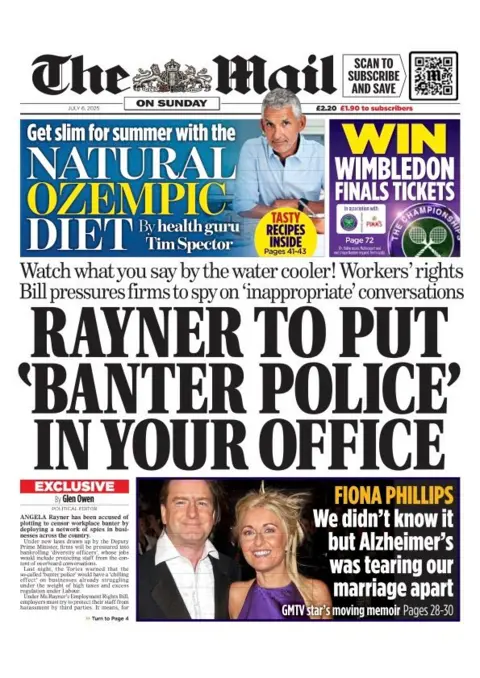 "Rayner to put 'banter police' in your office," is the headline on the front page 
