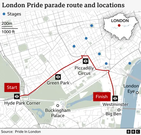 London Pride returns as events struggle with falling funds Map showing the route for the London Pride parade and location of the six stages. The parade starts at Hyde Park Corner, travels down Piccadilly, crossing Piccadilly Circus, travelling down Haymarket, turning left towards Trafalgar Square and finishes at Westminster. The map also highlights stages in Trafalgar Square, Golden Square, Leicester Square, Dean Street, Victoria Embankment and Soho Square with blue dots and includes a small inset map of London indicating the general location of the parade within the city.