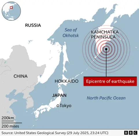 Tsunami alerts scaled back after huge earthquake prompts evacuations across Pacific A map showing where the quake hit, in relation to Russia, China and Japan. It struck near the southern part of the Kamchatka Peninsular, which is north of Japan.