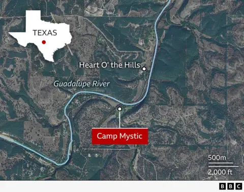 Young campers, teachers and football coach among Texas flood victims An annotated satellite image shows the locations of Camp Mystic and the Heart O' the Hill camp near the Guadalupe River in central Texas