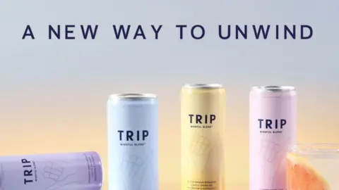 Trip An advert showing four pastel coloured cans of Trip drink with the words 'a new way to unwind'