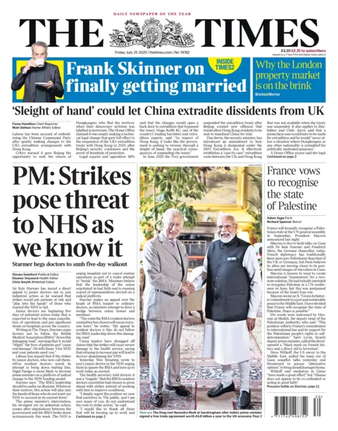 The headline on the front page of the Times reads: "PM: Strikes pose threat to NHS as we know it". 