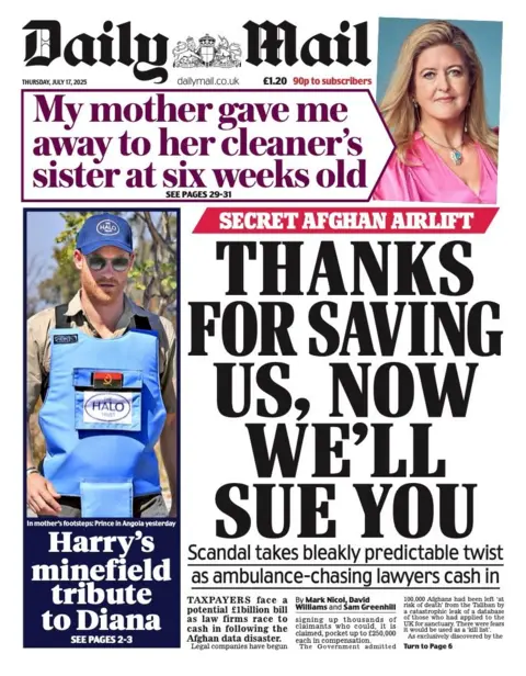 The headline on the front page of the Daily Mail reads: "Thanks for saving us, now we'll sue you" 