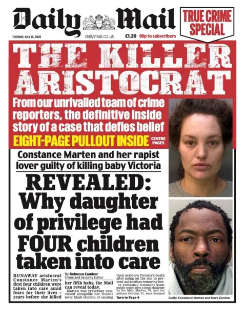 The headline on the front page of the Daily Mail reads: "The killer aristocrat: why daughter of privilege had four children taken into care".