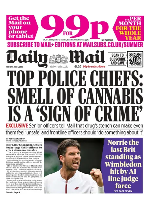 The Daily Mail's front page with the headline "Top police chiefs: smell of cannabis is a 'sign of crime'." 