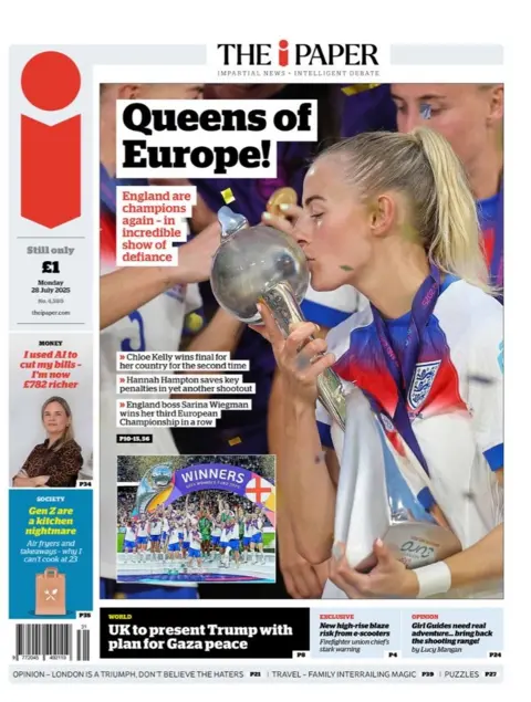 The headline on the front page of the i Paper reads: "Queens of Europe!"