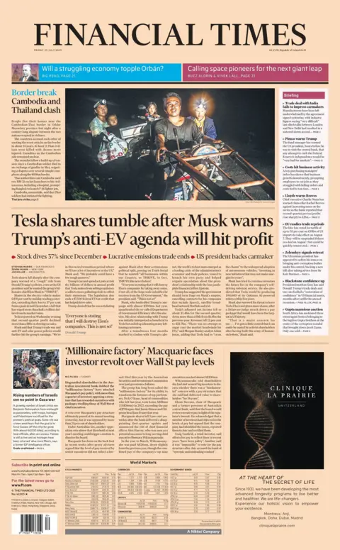 The headline on the front page of the Financial Times reads: "Tesla shares tumble after Musk warns Trump's anti-EV agenda will hit profit". 