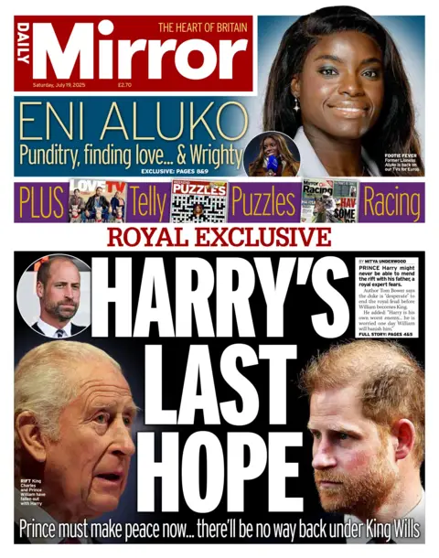The front page headline of the Daily Mirror reads: "Harry's last hope". 