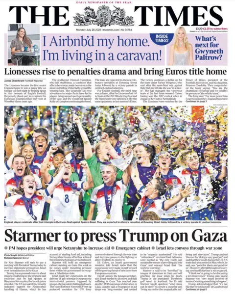 The headline on the front page of the Times reads: "Starmer to press Trump on Gaza".