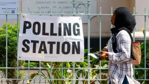 How will votes at 16 and changes to voter ID work? Getty Images A young woman wearing a headscarf walks past a polling station on 4 July 2024. She has a brown shoulder bag and holds a mobile phone in her hand.