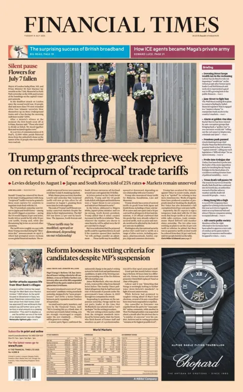 "Trump grants three-week reprieve on return of 'reciprocal' trade tariffs", is the headline on the Financial Times front page. 