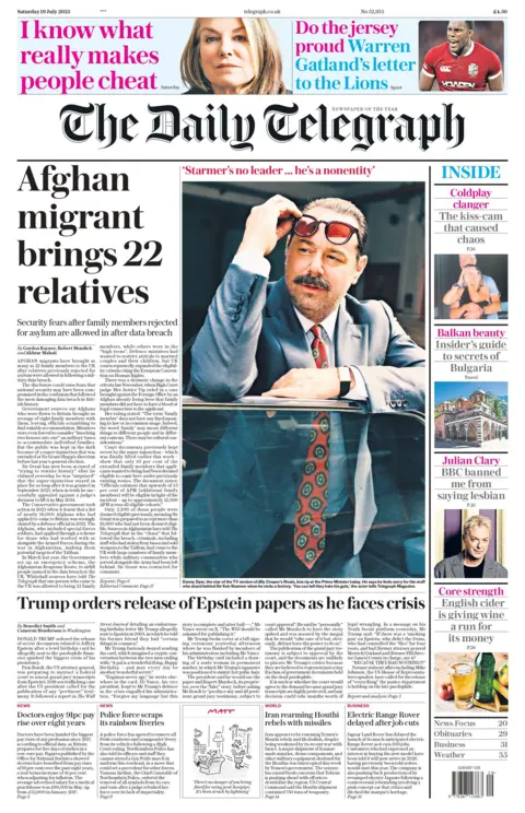 The front page headline of The Daily Telegraph reads: "Afghan migrant brings 22 relatives".