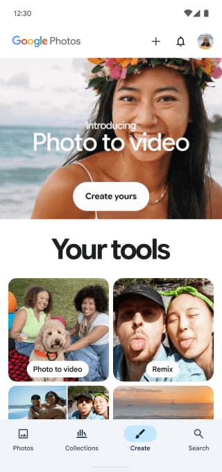 Create tab Google Photos adds AI features for 'remixing' photos in different styles, turning pics into videos