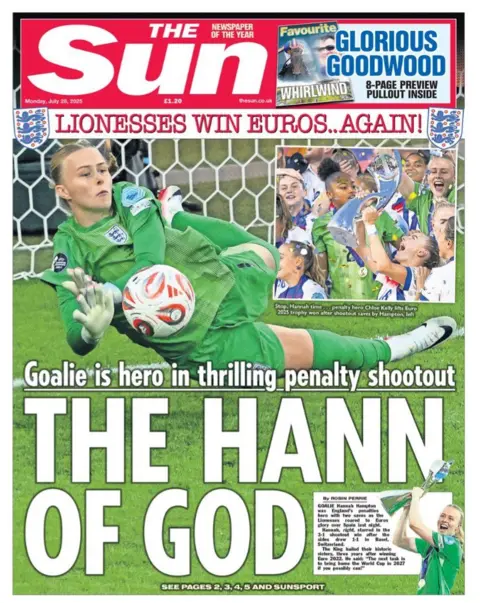 The headline on the front page of the Sun reads: "The Hann of God".