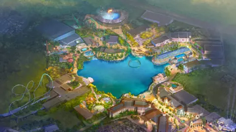 Universal UK could feature Europe's tallest rides Universal Destinations& Experences/Comcast A map of the universal site shows a big lake and lots of rides surrounding it.