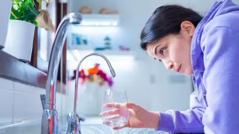 New water ombudsman will tackle leaks and incorrect bills Getty Images Young woman in a purple hoodie leans over a kitchen sink, holding a glass under a mixer tap. She looks slightly concerned at the lack of water flow from the tap. There is another tap in the foreground.