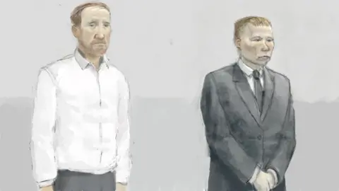 Nick Lewis An image by a court illustrator shows Adam Carruthers who has ginger hair and a beard wearing a white shirt and grey trousers standing with his hands by his side. Daniel Graham is beside him in a grey suit and tie with his hands clasped. He is clean shaven with short hair. Both men are shown looking very serious.