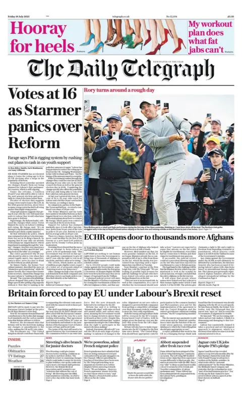 The headline on the front page of the Daily Telegraph reads: “Votes at 16 as Starmer panics over reform”
