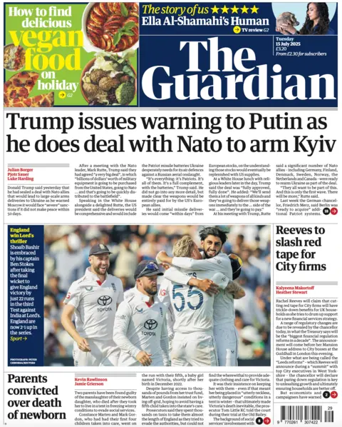 The headline on the front page of the Guardian reads: "Trump issues warning to Putin as he does deal with Nato to arm Kyiv"