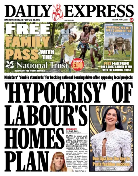 "'Hypocrisy' of Labour's homes plan," is the headline on the front page of the Daily Express. 