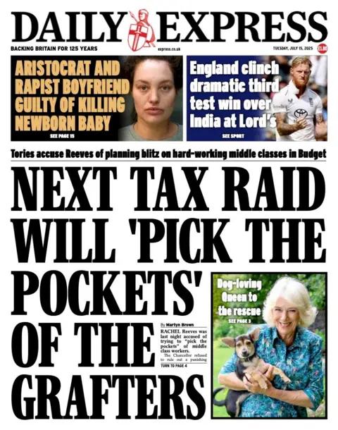 The headline on the front page of the Daily Express reads: "Next tax raid will 'pick the pockets' of the grafters".