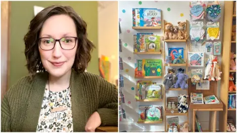 Erica Stahl A composite image: A selfie of a woman, smiling, with shoulder-length brown hair, dark glasses, a green cardigan and a floral green and white top, sat inside a room with walls painted green; A display of soft toys, books and bibs in a gift shop