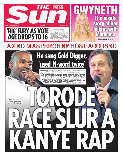 The headline on the front page of the Sun reads: "Torode race slur a Kanye rap"