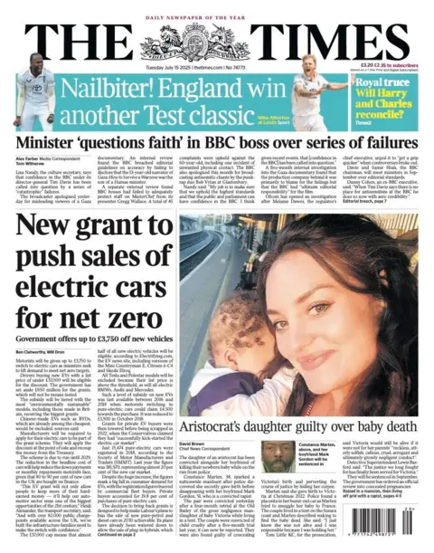 The headline on the front page of the Times reads: "New grant to push sales of electric cars for net zero".