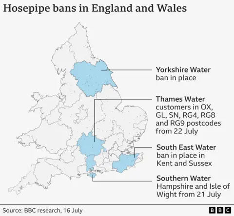 Southern Water issues hosepipe ban for Hampshire and Isle of Wight Map showing areas affected by hosepipe bans in light blue - Yorkshire ban in place; Thames Water from 22 July, Kent and Sussex ban in place; Southern Water Hampshire and Isle of Wight from 21 July