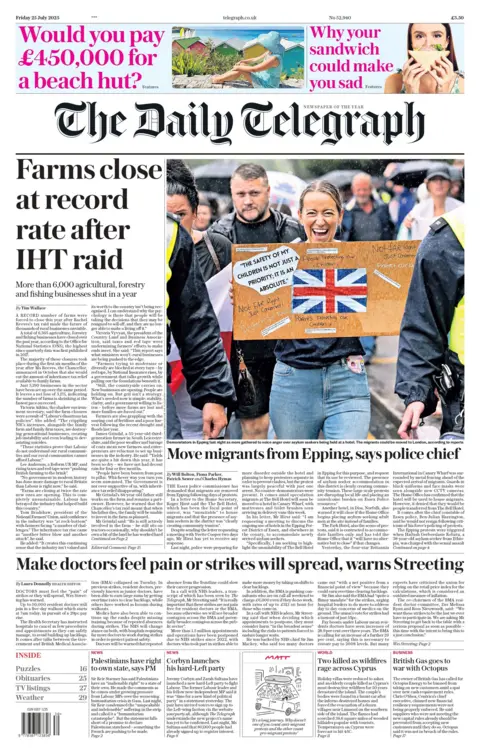 The headline on the front page of the Daily Telegraph reads: "Farms close at record rate after IHT raid".