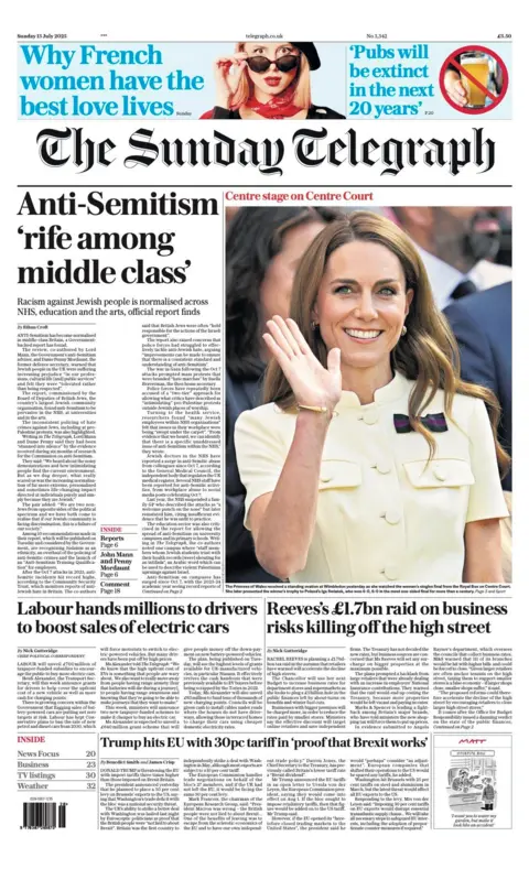 BBC The headline on the front page of the Sunday Telegraph reads: "Anti-Semitism 'rife among middle class'".