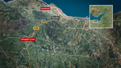Child dies and 21 injured as Minehead school coach overturns Aerial image of area the crash happened. A yellow line represents where the bus was travelling along.
