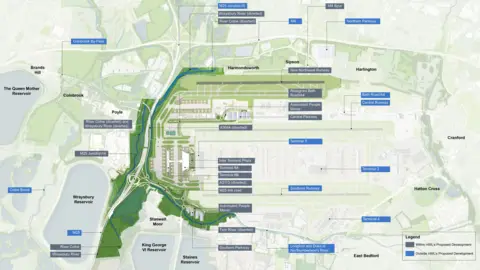 Hotel tycoon reveals Heathrow runway expansion proposal Arora Group A map of the Arora Group's proposals for expanding Heathrow Airport