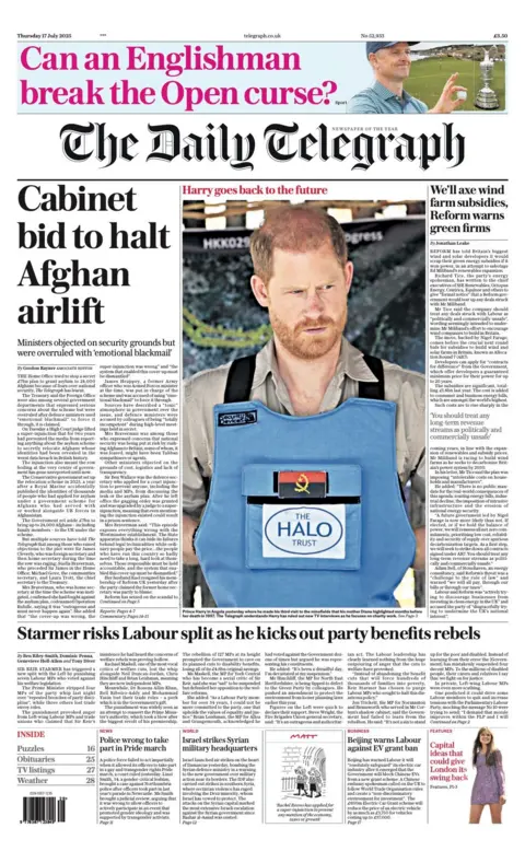 The headline on the front page of the Daily Telegraph reads: “Cabinet bid to halt Afghan airlift”