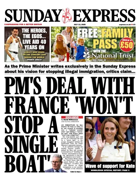 The headline on the front page of the Sunday Express reads: "PM's deal with France 'won't stop a single boat'".
