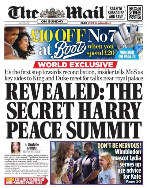 The headline on the front page of the Mail on Sunday reads: "Revealed: The secret Harry peace summit".