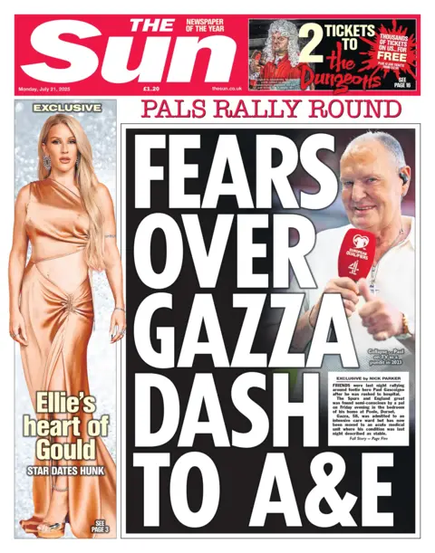 The headline on the front page of the Sun reads: “Fears over Gazza dash to A&E”