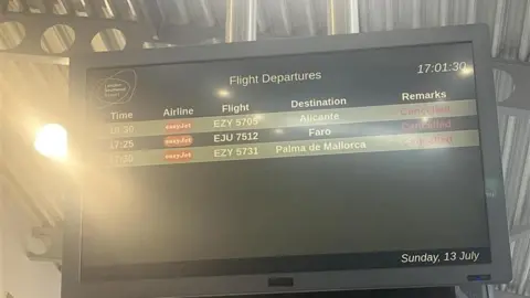 Southend Airport plane crash: Flights cancelled after incident Contributed A photo of a screen in the airport with flight departures. There is one to Alicante, Faro and Palma de Mallorca. All three say cancelled next to their details.